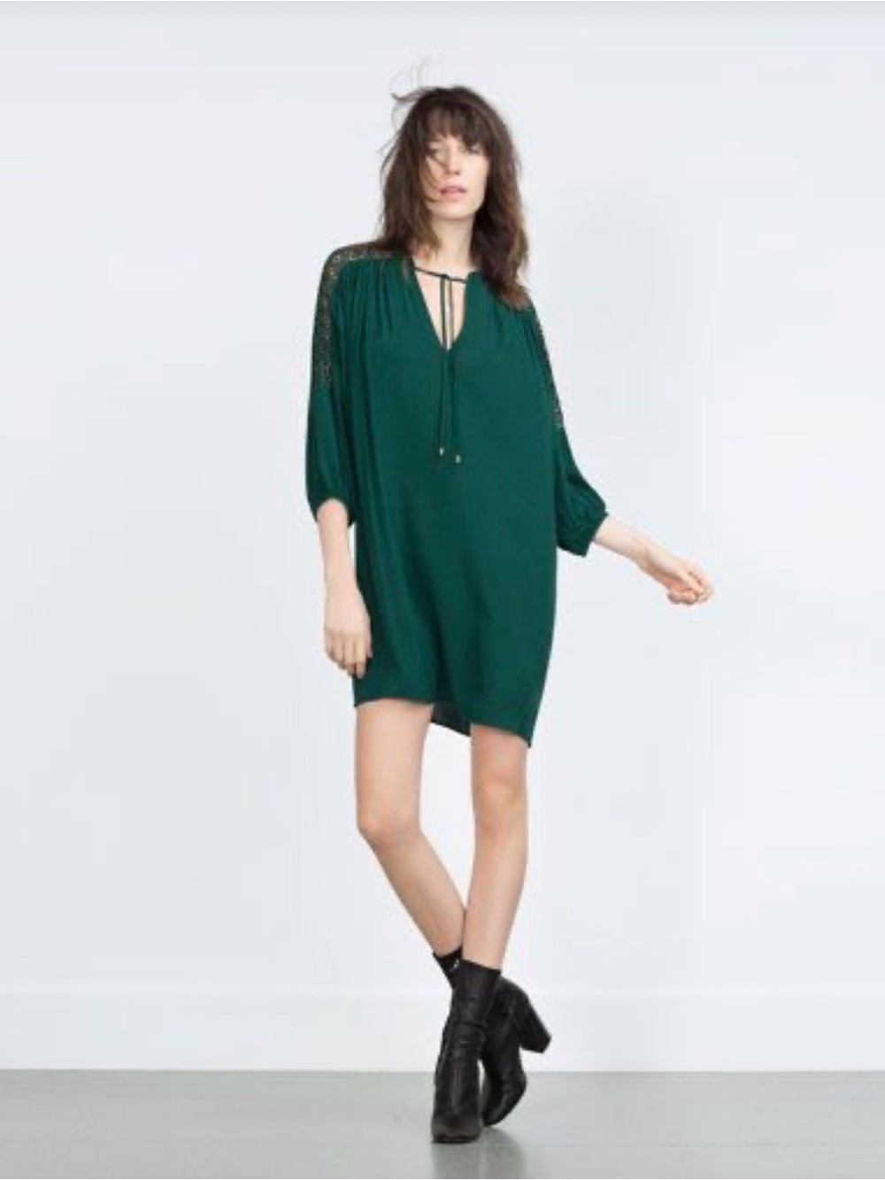 Zara Dark Green Tunic Dress with Tie Neck